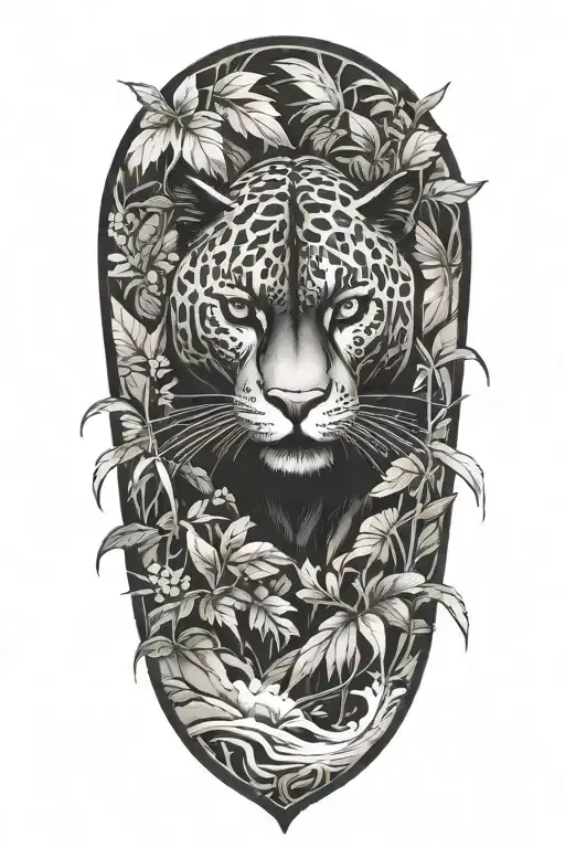 Black Panther Swimming Upstream Surrounded By Rainforest