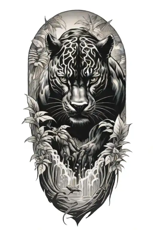 Black Panther Swimming Upstream At An Angle Surrounded By Rainforest