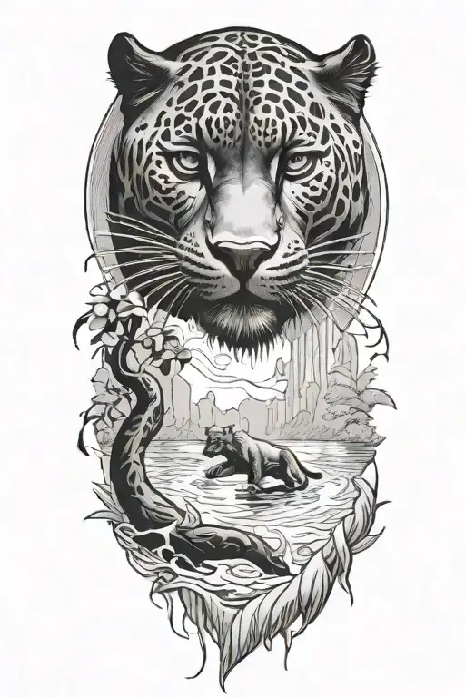 Black Panther Swimming In A River At An Angle Surrounded By Rainforest