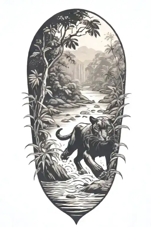 Black Panther Running In A River At An Angle Surrounded By Rainforest
