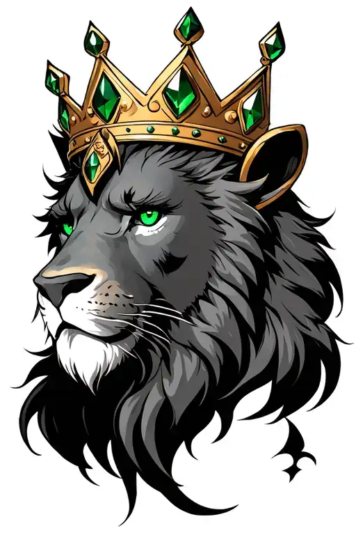 Loin Head With Crown With Green Eyes And Green Gems
