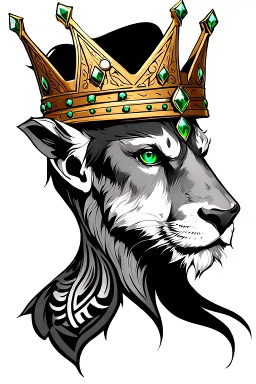 Realistic Loin Head With Crown With Green Eyes And Green Gems