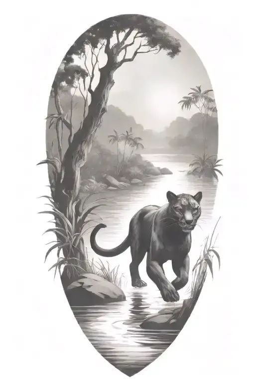 Black Panther Running In A River At An Angle Surrounded By Rainforest