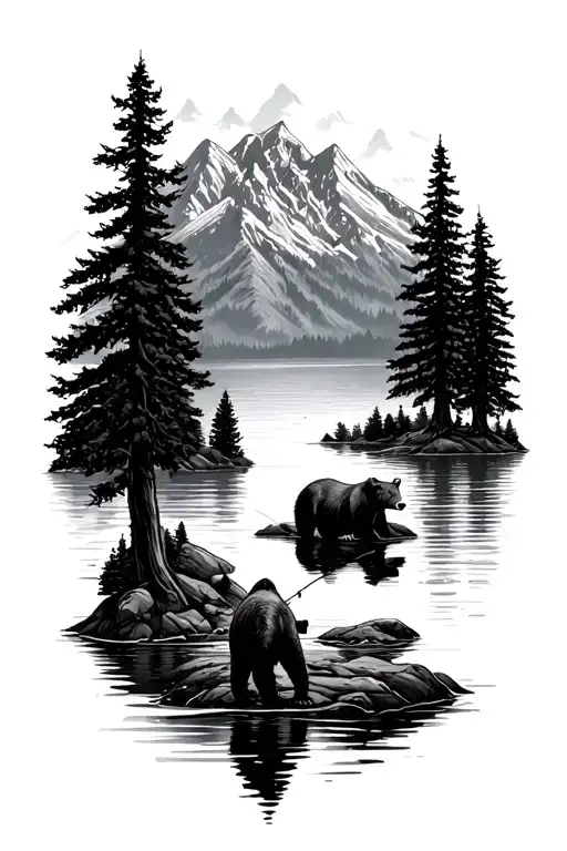 Mountains Trees Lake Bears Fishing