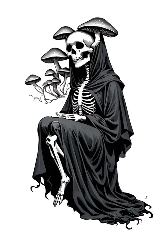 Skeletal Robed Woman With Mushrooms Sprouting Out Of Her Skull Eyesockets And Ribcage