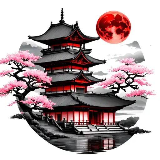 Pagoda Temple With A Red Moon And Cherry Trees