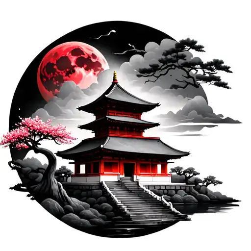 Pagoda Temple With A Red Moon And Cherry Trees