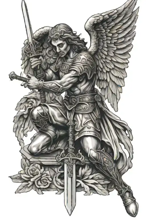 Realistic Kneeling Angel Holding A Sword