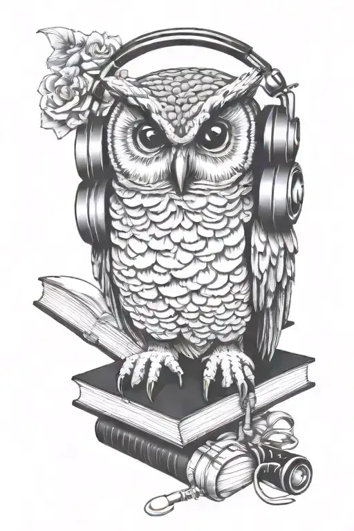 Owl With Headphones On Its Head Sitting On A Book