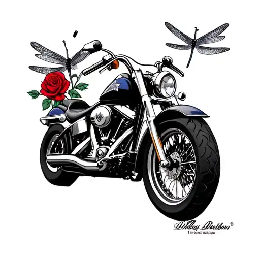 Harley Davidson Motorcycle With Dallas Cowboy Logo And Some Dragonflies And Red Roses
