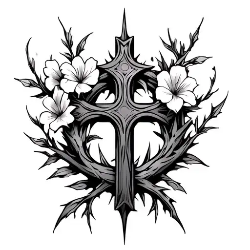 Fine Line Cross Of Thorns With Flowers