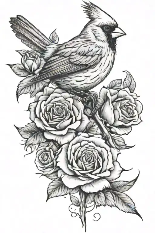 Cardinal And Roses Blooming