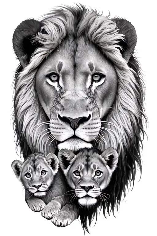Lion And 2 Cubs Face Only