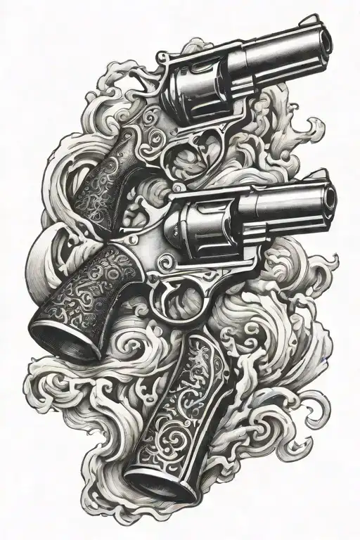 Two Black Hand Guns Back To Back Trailing Smoke From The Barrels