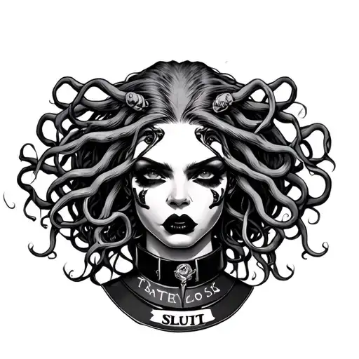Medusa With Mouth Taped Shut And Wearing A Collar That Says Slut