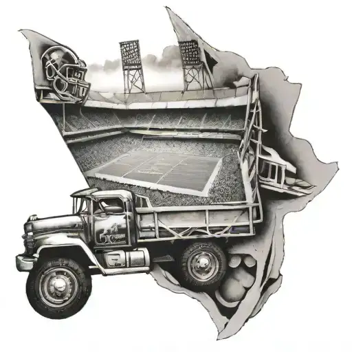 A Black And Grey Tattoo Of A Football Stadium With A Truck Driving Through It