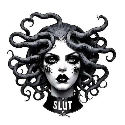 Medusa With Mouth Taped Shut And Wearing A Collar That Says Slut