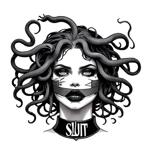 Medusa With Mouth Taped Shut And Wearing A Collar That Says Slut