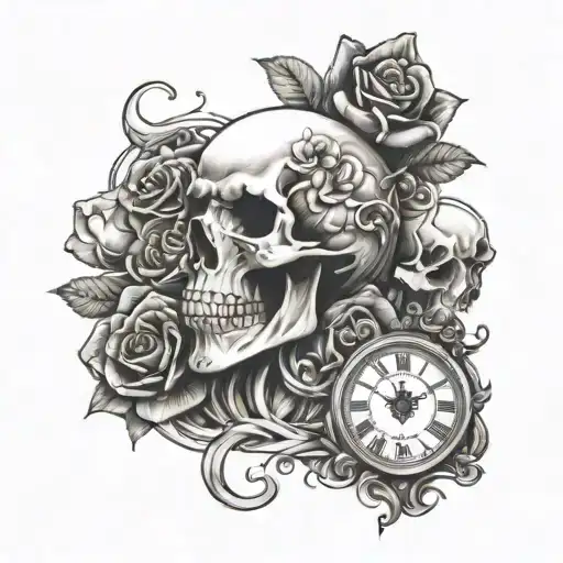 Skulls And Roses With A Clock