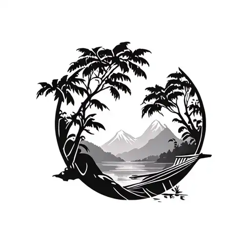 Jungle Scene With River Mountain Hammock Forest