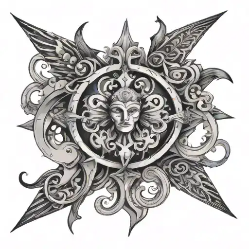 An Abstract Design Combining Elements Of Gemini Zodiac Symbol And Ancient Gods