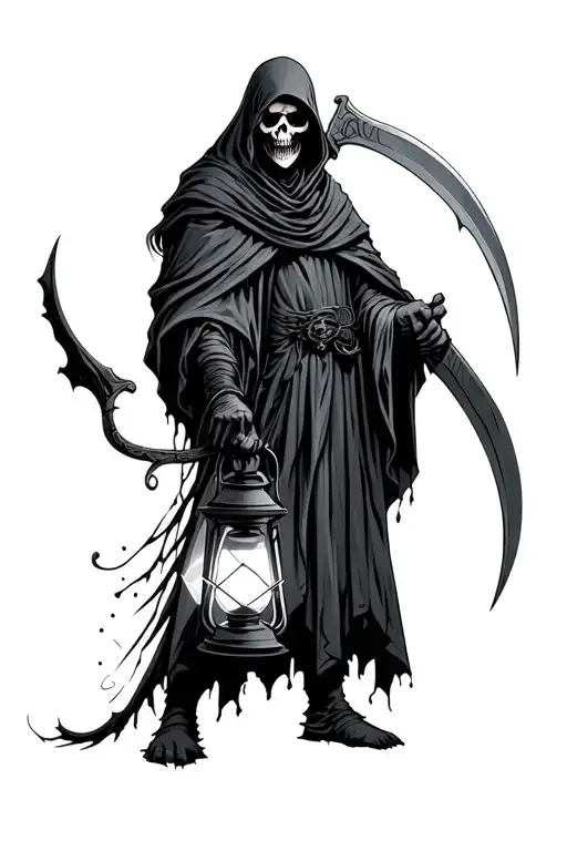 Reaper Holding Lantern And Scythe