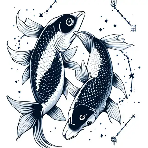 2 Koi Carp Swimming Opposite Directions With Pisces Constellation In The Background