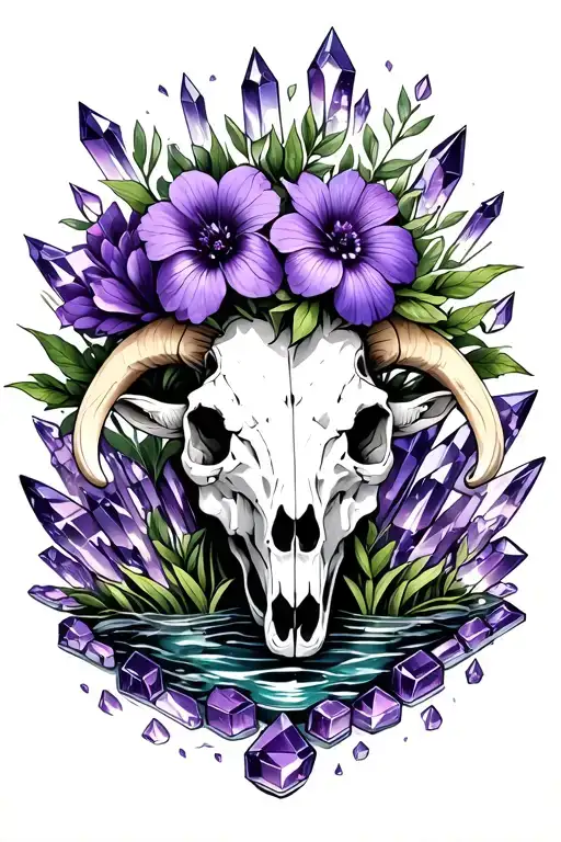 Violet Flowers Blooming Out Of A Goat Skull Surrounded By Amethyst Crystals And Water