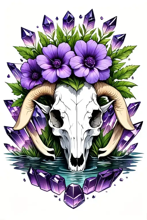 Violet Flowers Blooming Out Of A Goat Skull Surrounded By Amethyst Crystals And Water