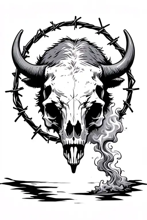 Bison Skull Circled With Barbed Wire And Smoke Coming Out Of Its Nose