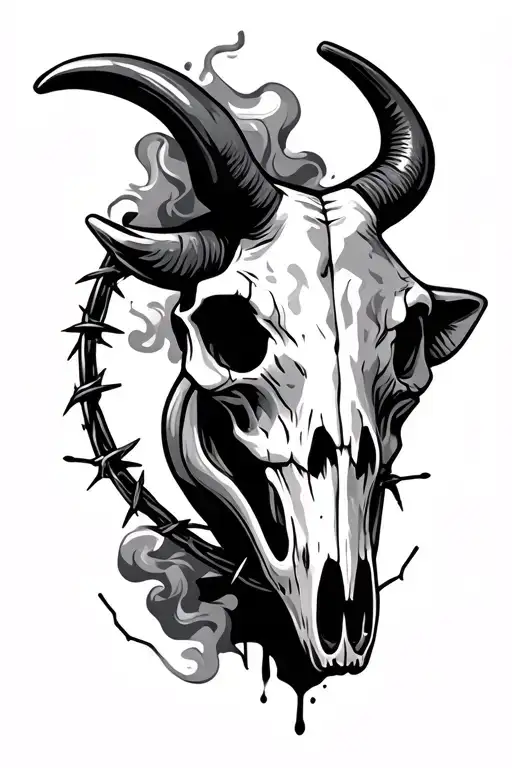 Bull Skull Circled With Barbed Wire And Smoke Coming Out Of Its Nose