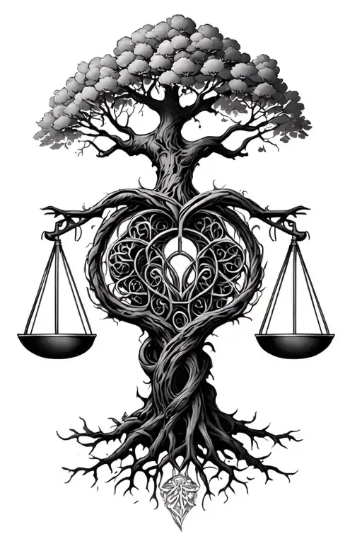 Tree Of Life Intertwined With Libra Scale And V-twin Engine