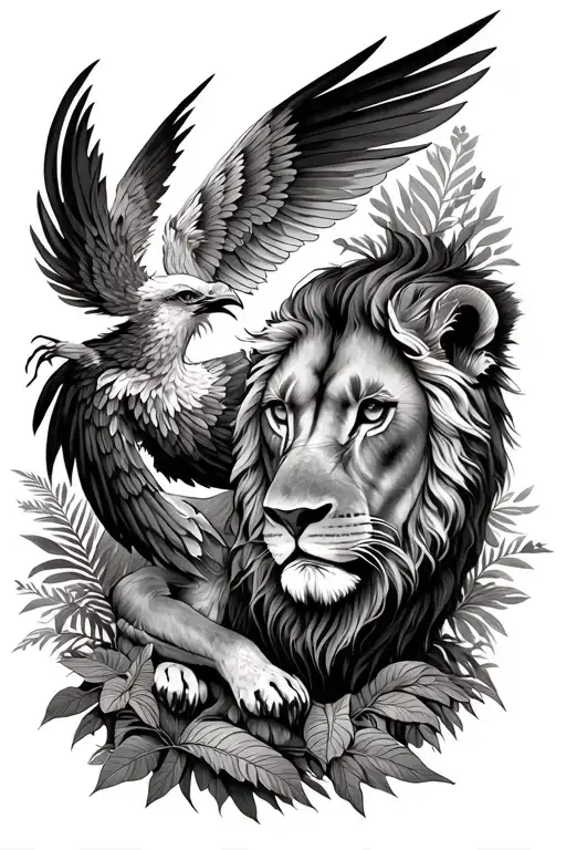 Phoenix And Lioness In Jungle Background