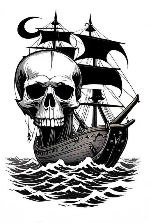 Viking Skull With Ship Sailing Through Stormy