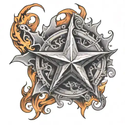 Create A Tattoo Of A Lone Star Surrounded By Copper Flames And Plumbing Motifs In A Black-grey Style