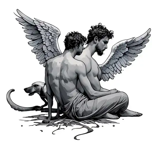 Minimalistic A Man And A Dog Angels Seated Back Turned