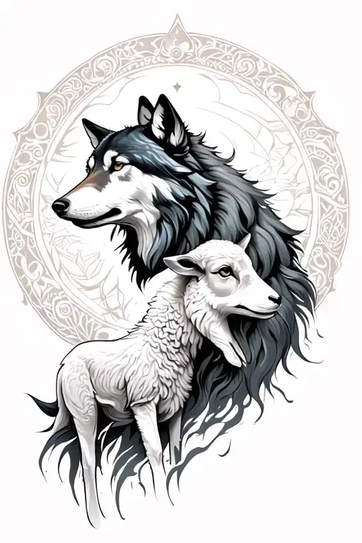 Duality Based Tattoo With Mystic Anthro Wolf And Lamb