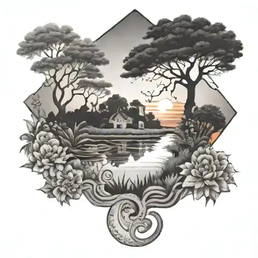 A Sunset Over A Tranquil Garden Setting With A Hidden Puzzle Motif
