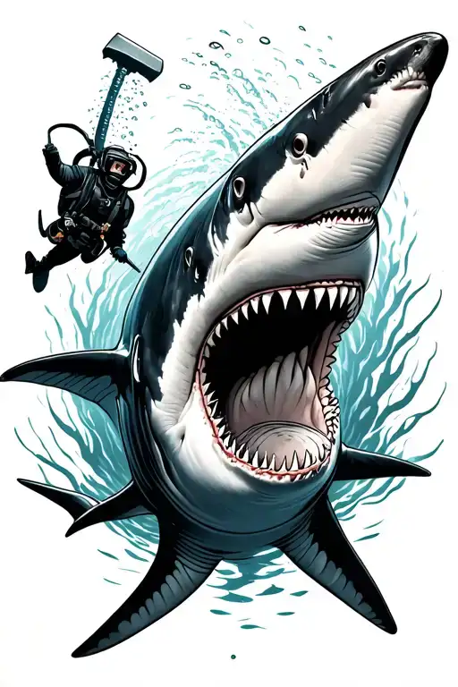 Hammer Head Shark Swimming With A Diver Reaching Out And A Tiger Shark Coming Near Top View