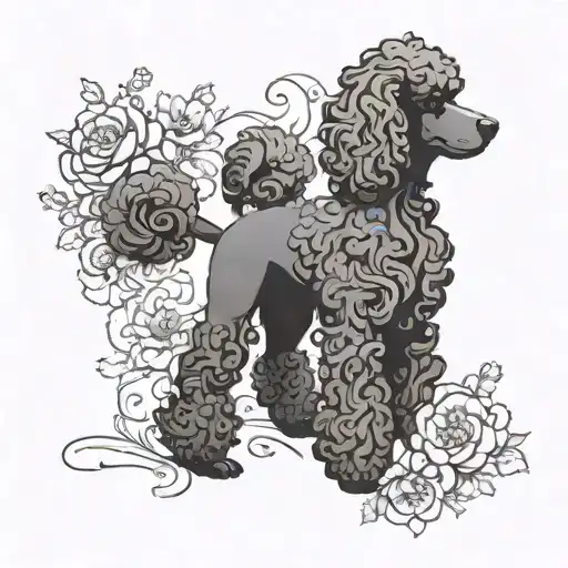 A Black And Grey Poodle Silhouette With A Trail Of Blooming Flowers