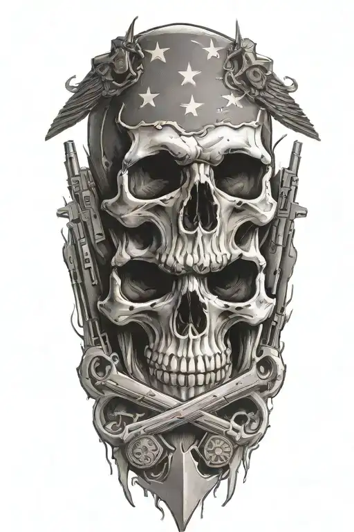 Skull On Fire With American Flag And Guns Intertwined