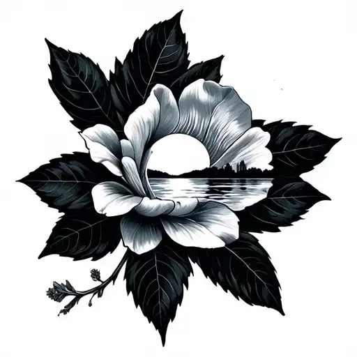 Moon Flower Large Black Leaves Sunset Over Lake