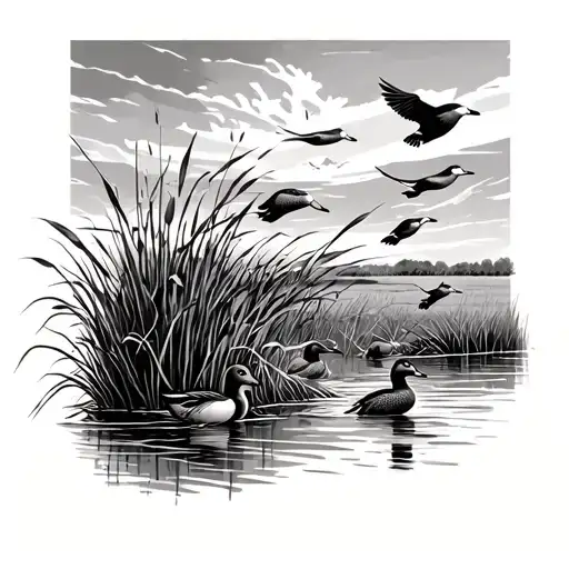 Creek With Reeds And Mallard Ducks With A Field In The Background And Geese Flying Above The Field