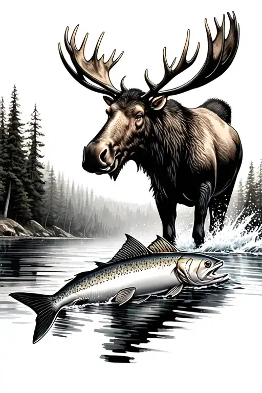 Realistic Moose And Salmon Swimming Upstream Surrounded By Forest