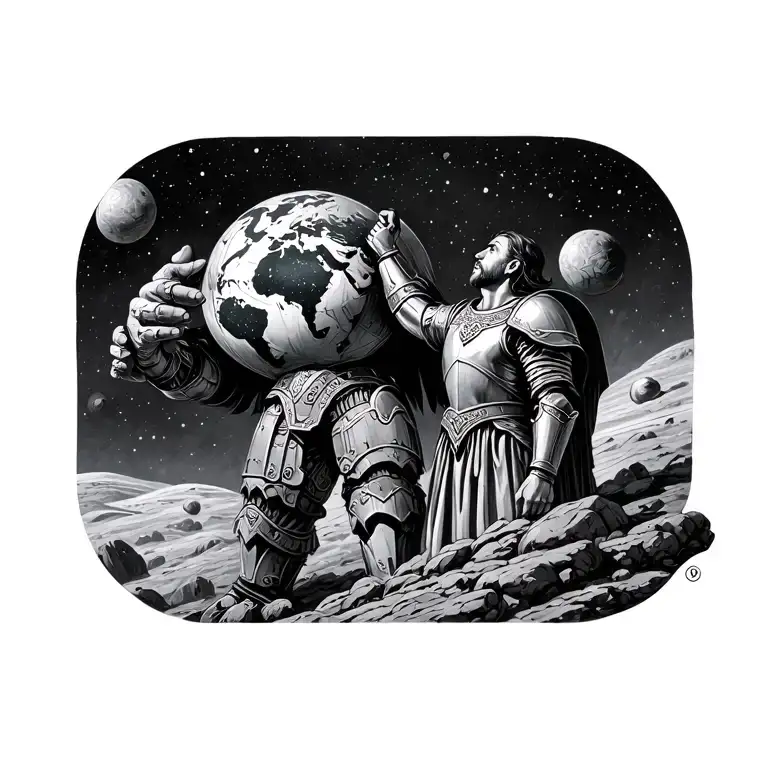 Medieval Knight Looking Up At Giant Space Titan Holding The World
