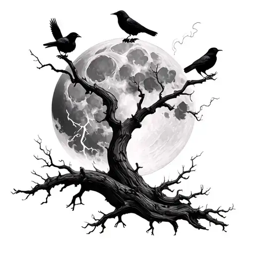 Moon Dead Trees Crows Lighting Bolt Smoke