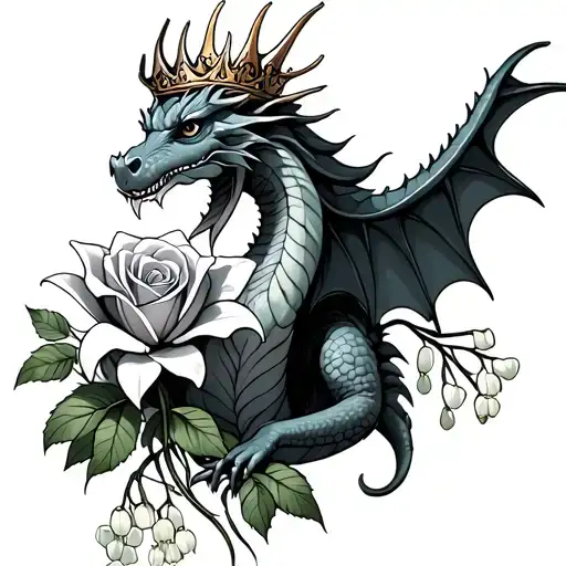 Momma Dragon With A Crown Holding A Rose And Lily Of The Valley