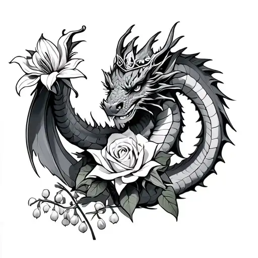 Dragon With A Crown Holding A Rose And Lily Of The Valley
