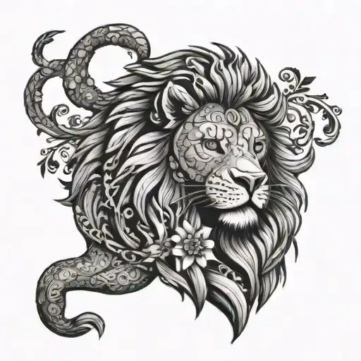 A Lion With Intricate Floral Designs As Its Fur