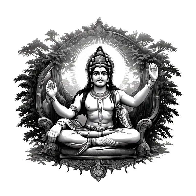 Hanuman Placing The Sun At The Foot Of A Queens Chair In A Dense Forrest Looking To The Sky